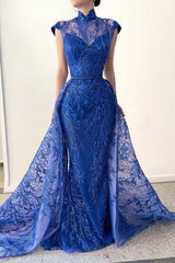 Glamorous Long Royal Blue High Neck Lace Sleeveless Prom Dress with Detachable Train