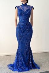 Glamorous Long Royal Blue High Neck Lace Sleeveless Prom Dress with Detachable Train
