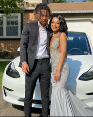 Dazzling Long Silver Mermaid Sequined Sleeveless Prom Dress with Delicate Lace Details