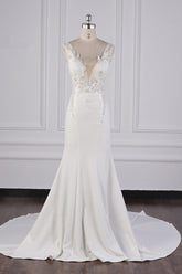 Glamorous Mermaid Satin Sleeveless Wedding Dress White Lace Appliques Bridal Gowns with Beadings On sale