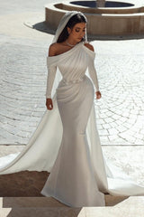 Glamorous One-Shoulder Long Sleeve Mermaid Satin Wedding Dress with Ruffles