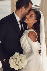 Glamorous One-Shoulder Long Sleeve Mermaid Satin Wedding Dress with Ruffles