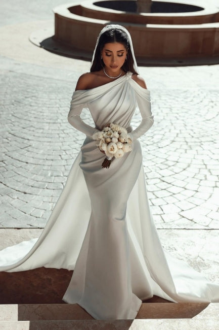 Glamorous One-Shoulder Long Sleeve Mermaid Satin Wedding Dress with Ruffles