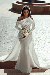 Glamorous One-Shoulder Long Sleeve Mermaid Satin Wedding Dress with Ruffles