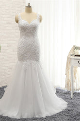 Glamorous Strapless Sweetheart Lace Mermaid Wedding Dress White Tulle Appliques Bridal Gowns Online