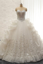 Glamorous Sweetheart White Sequins Wedding Dresses With Appliques Tulle Ruffles Bridal Gowns Online