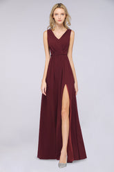 Glamorous TulleV-Neck Ruffle Burgundy Bridesmaid Dress Online