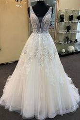 Glamorous Unique White Tulle V-Neck Wedding Dress Long Beaded Lace Bridal Gowns On Sale