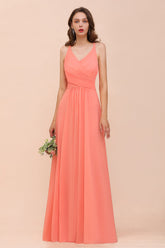 Glamorous V-Neck Coral Chiffon Bridesmaid Dress Affordable with Ruffle