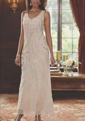 Glamorous V-Neck Long Sleeves A-Line Chiffon Mother of the Bride Dress with Sequined Accents