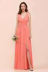 Glamorous V-Neck Ruffle Chiffon Long Bridesmaid Dress With Slit