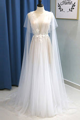 Glamorous White Tulle V-Neck Beach Wedding Dress A Line Flower Bridal Gowns On Sale