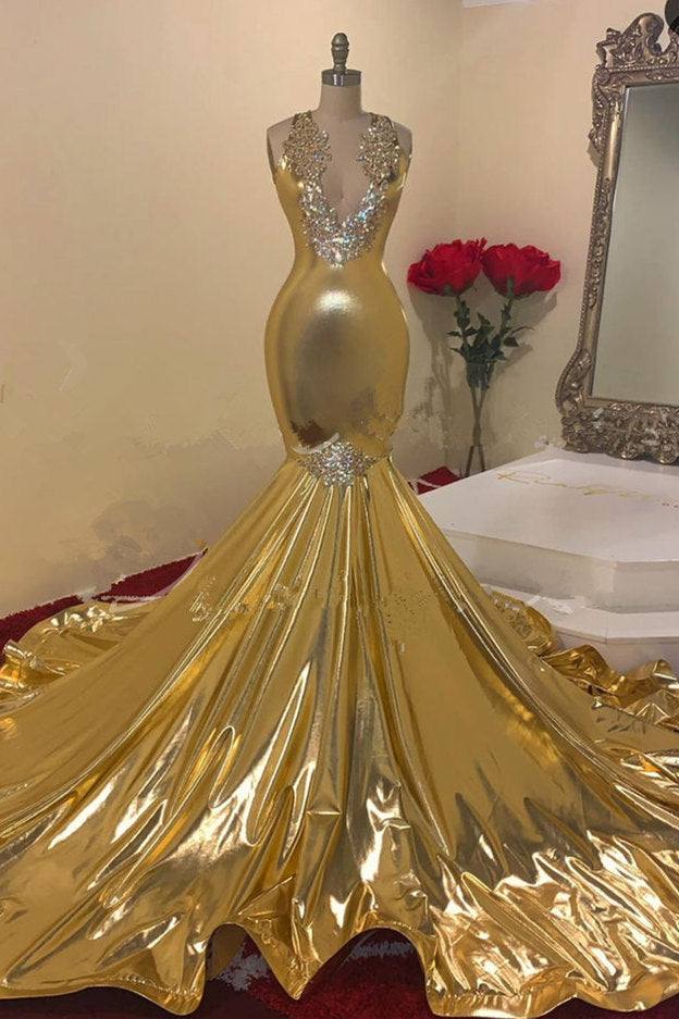 Gold V-Neck Prom Dress Mermaid Sleeveless With Appliques Newinlook Gold V-Neck Prom Dress Mermaid Sleeveless With Appliques Newinlook