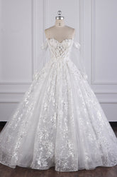 Gorgeous Ball Gown Strapless Tulle Lace Wedding Dress Sleeveless Appliques Sequins Bridal Gowns