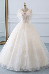 Gorgeous Ball Gown V-Neck Tulle Beadings Wedding Dress Rhinestones Appliques Bridal Gowns with Short Sleeves On Sale
