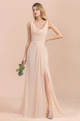 Gorgeous Drapped Neckline Ruffle Chiffon Bridesmaid Dresses Online with Slit