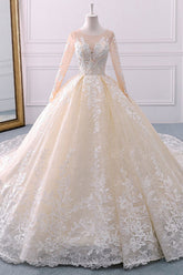 Gorgeous Jewel Champagne Tulle Lace Wedding Dress Long Sleeves Appliques Bridal Gowns Online
