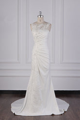 Gorgeous Jewel Mermaid Satin Wedding Dress Sleeveless Ruffles Appliques Beadings Bridal Gowns Online