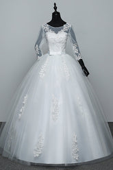 Gorgeous Jewel Tulle Lace White Wedding Dresses 3/4 Sleeves Appliques Bridal Gowns On Sale