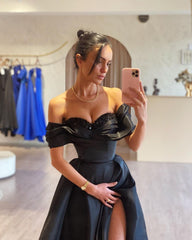 A-line Gorgeous Long Black Off-the-shoulder Prom Dress With Beadings