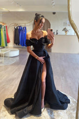 A-line Gorgeous Long Black Off-the-shoulder Prom Dress With Beadings