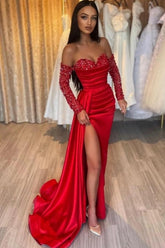 Exquisite Long Ruby Mermaid Sweetheart Sequined Beaded Gown with Flowing Sleeves and Slit