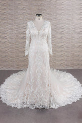 Gorgeous Longsleeves V-neck Mermaid Wedding Dresses White Lace Bridal Gowns With Appliques On Sale