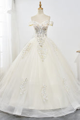 Gorgeous Off-the-Shoulder Champagne Tulle Wedding Dress Ball Gown Lace Appliques Sleeveless Bridal Gowns Online