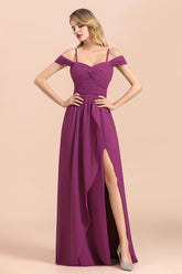 Gorgeous Off-the-Shoulder Ruffle Orchid Bridesmaid Dress Online with Slit