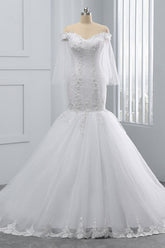 Gorgeous Off-the-Shoulder Sweetheart Tulle Wedding Dress White Mermaid Lace Appliques Bridal Gowns Online