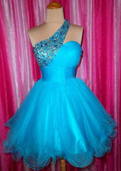 Gorgeous One-Shoulder A-Line Homecoming Dress with Beading and Short/Mini Hem