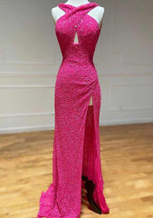 Gorgeous Sequins Prom Dress/Evening Dress with Split - Sheath/Column Halter Sleeveless Court Train Velvet