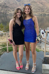 Gorgeous Short Royal Blue Tight Glitter Spaghetti Strap Homecoming Dress