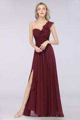 Gorgeous Sweetheart Ruffle Burgundy Chiffon Bridesmaid Dress With One-shoulder
