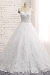 Gorgeous V neck Straps Sleeveless Wedding Dresses White A line Lace Bridal Gowns With Appliques Online