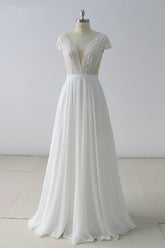Gorgeous White Lace Backless V-Neck Long Wedding Dress Sleeveless Appliques Bridal Gowns On Sale