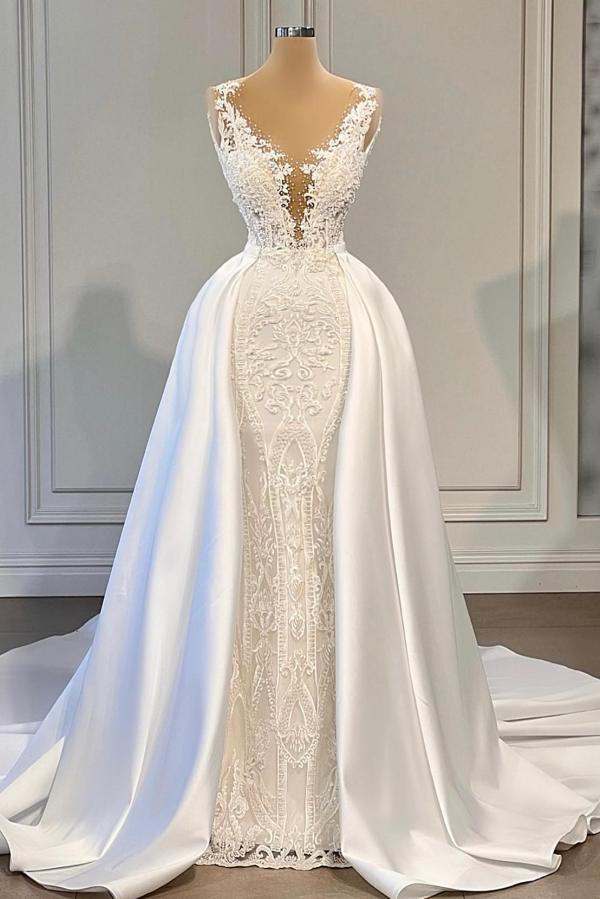 Gorgeous White Mermaid Wedding Dress Lace Appliques With Overskirt Newinlook Gorgeous White Mermaid Wedding Dress Lace Appliques With Overskirt Newinlook