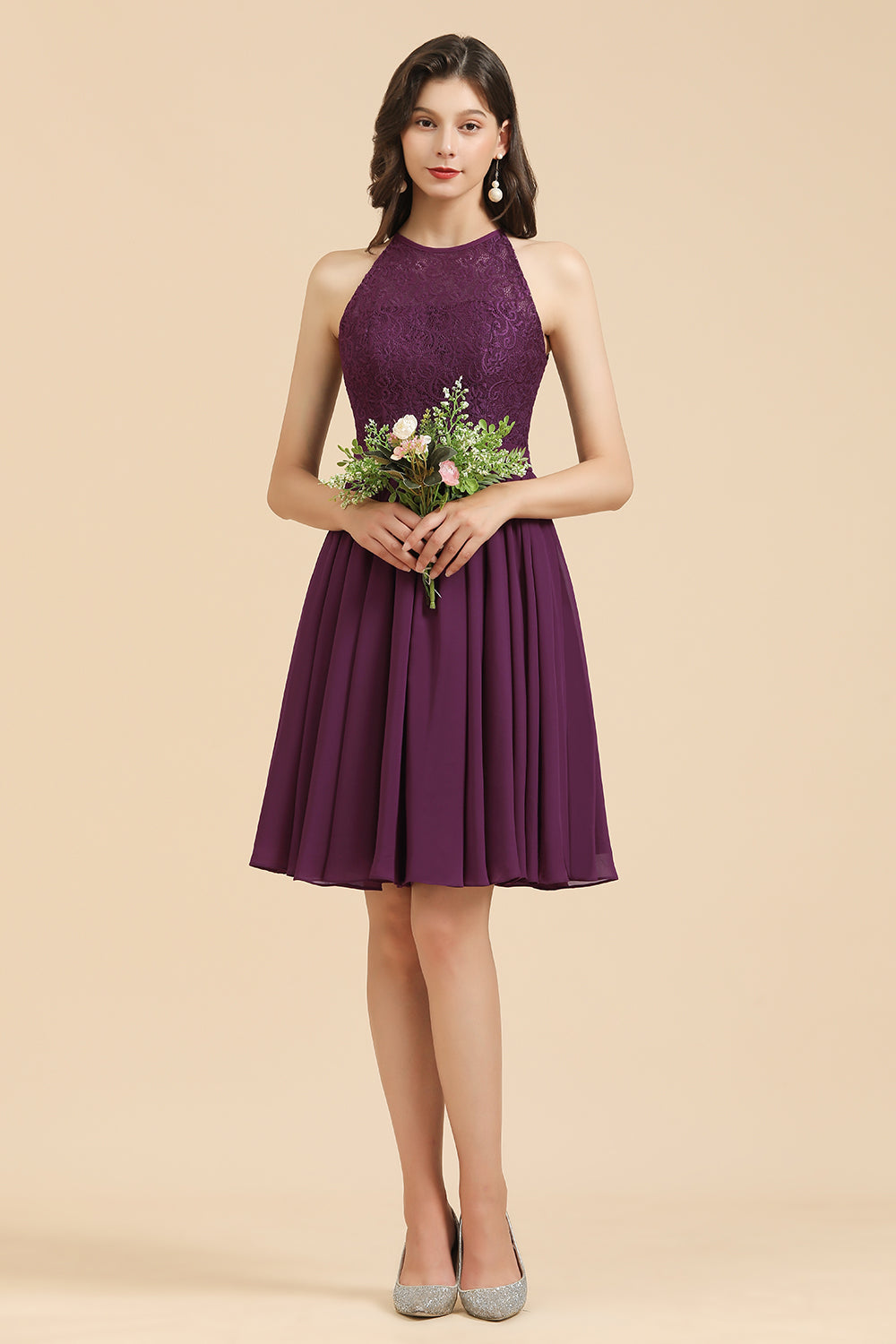 Halter Lace Bridesmaid Dresses Chiffon Sleeveless Short Dress – Newinlook