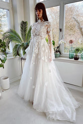 High Neck Long Sleeves Wedding Dress Princess With Appliques