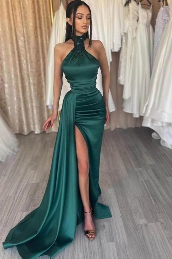 High Neck Mermaid Evening Dress Dark Green With Slit Newinlook High Neck Mermaid Evening Dress Dark Green With Slit Newinlook