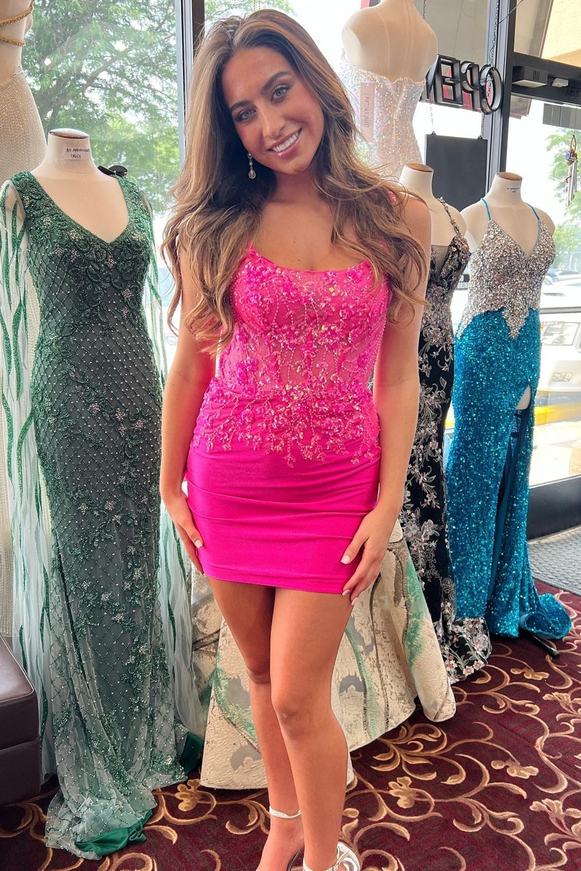 Hot Pink Sequined Lace Backless Fitted Homecoming Dress Newinlook Hot Pink Sequined Lace Backless Fitted Homecoming Dress Newinlook
