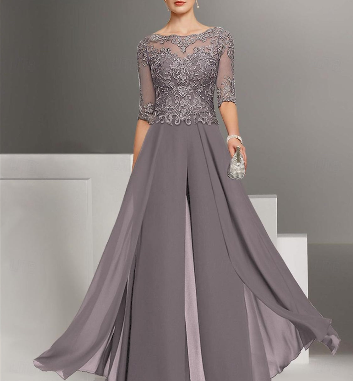 Ankle-Length Mother of the Bride Chiffon Pantsuit with Lace and Jewel Neckline