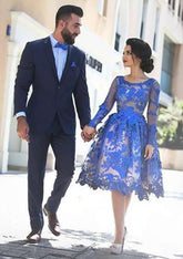 Knee-Length Lace Homecoming Dress with A-line/Princess Bateau Full/Long Sleeves