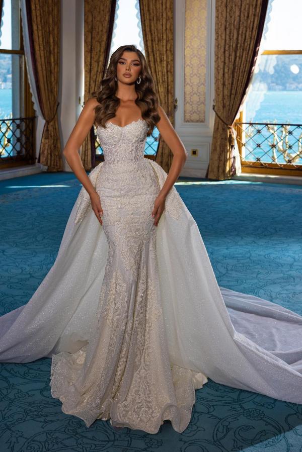Lace Mermaid Wedding Dress Strapless Overskirt – Newinlook Lace Mermaid Wedding Dress Strapless Overskirt – Newinlook