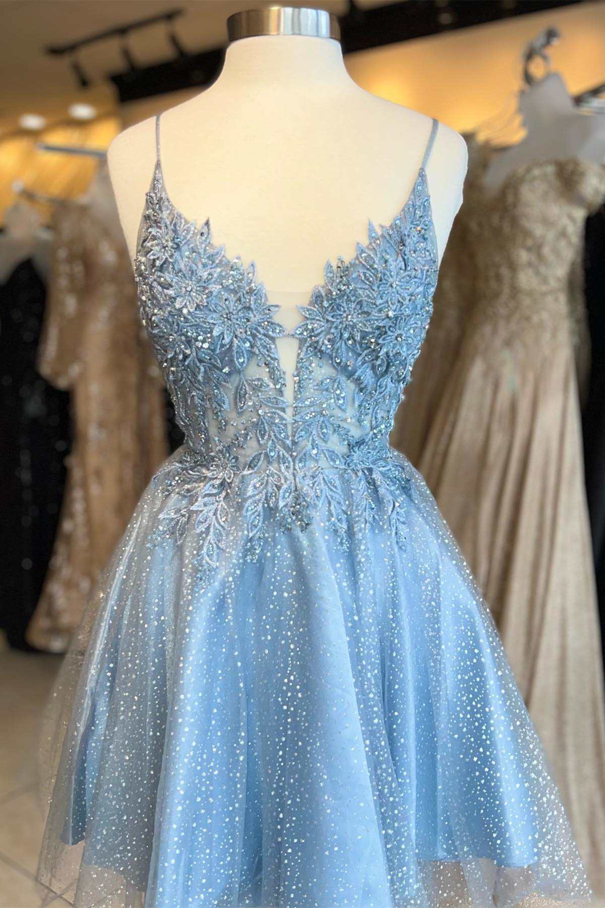 Light Blue Floral Lace Plunging-Neck A-Line Short Party Dress Newinlook Light Blue Floral Lace Plunging-Neck A-Line Short Party Dress Newinlook