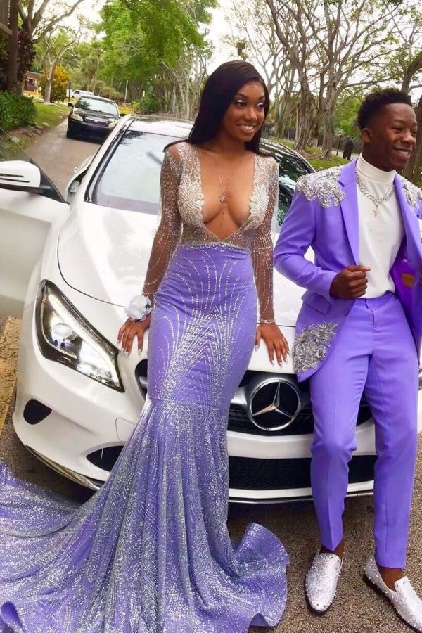 Lilac Long Sleeves Prom Dress Mermaid V-Neck Sequins Newinlook Lilac Long Sleeves Prom Dress Mermaid V-Neck Sequins Newinlook
