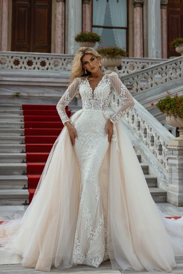 Long Sleeves Champagne Wedding Dress Lace Mermaid Overskirt