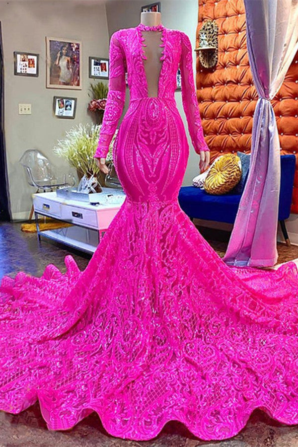 Long Sleeves Fuchsia Prom Dress Mermaid Sequins – Newinlook Long Sleeves Fuchsia Prom Dress Mermaid Sequins – Newinlook