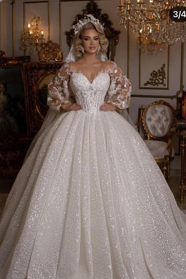 long sleeve lace puffy wedding dress A-line Lace-appliqued Wedding Dress,Puffy Sleeve Wedding Gown,WD01023, US24W / Ivory