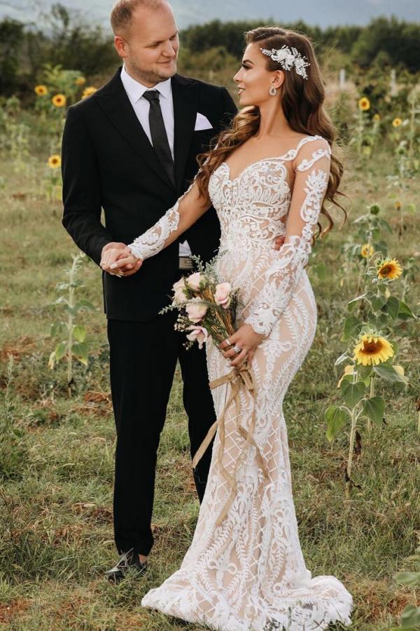 Long Sleeve Bodycon Wedding Dress Bohemian Beach Wedding